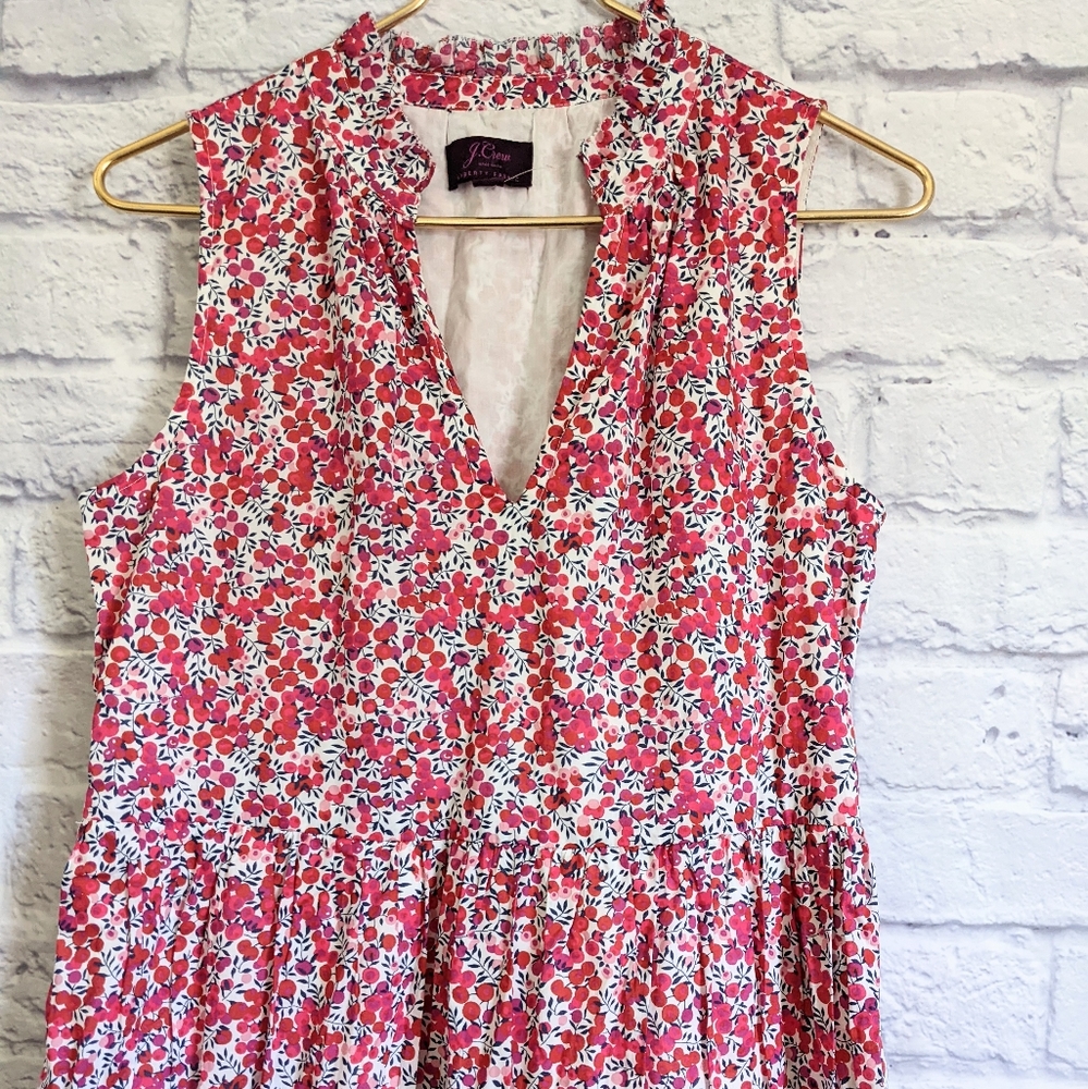 J. Crew Liberty Cotton Poplin Tiered Popover Dress XS Wiltshire Floral Print Red - Picture 3 of 6